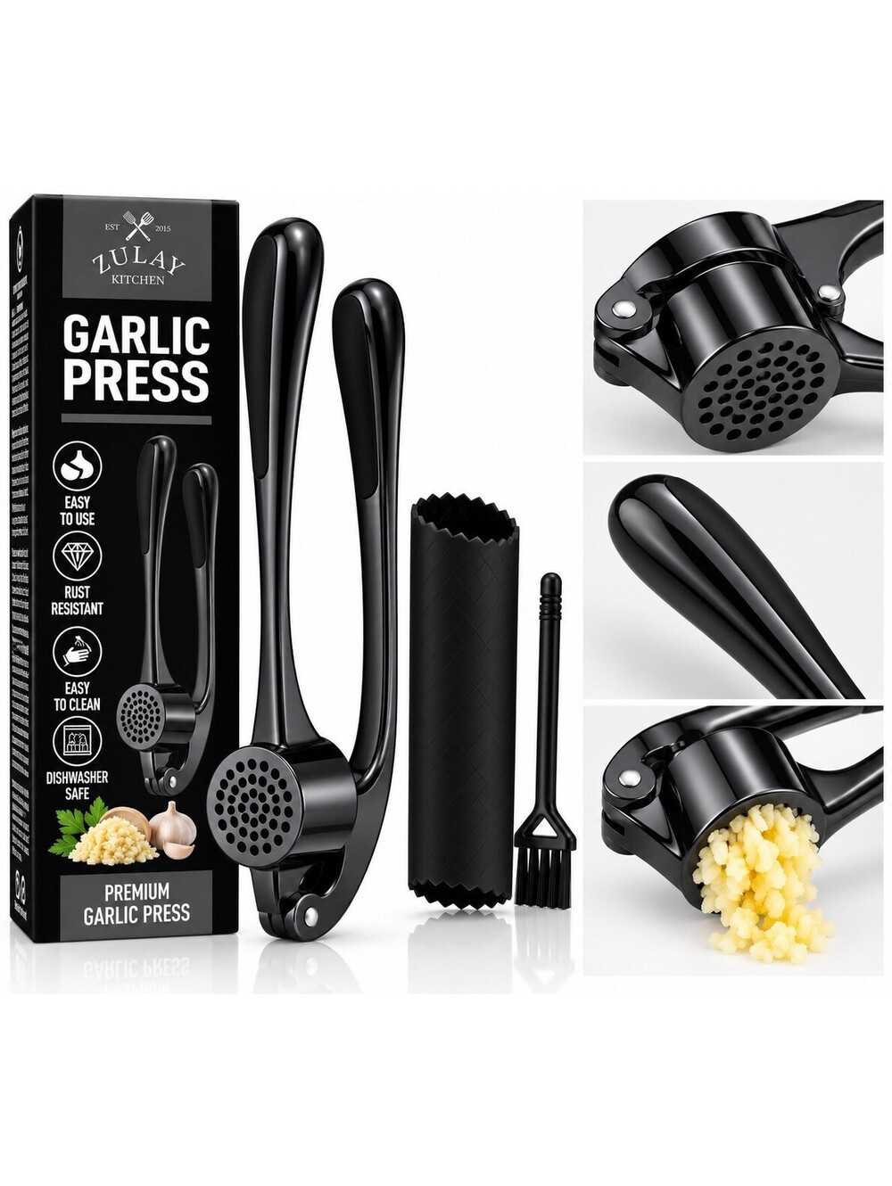🖤 Zulay Kitchen Professional Garlic Press Black, Garlic Peeler & Cleaning Brush